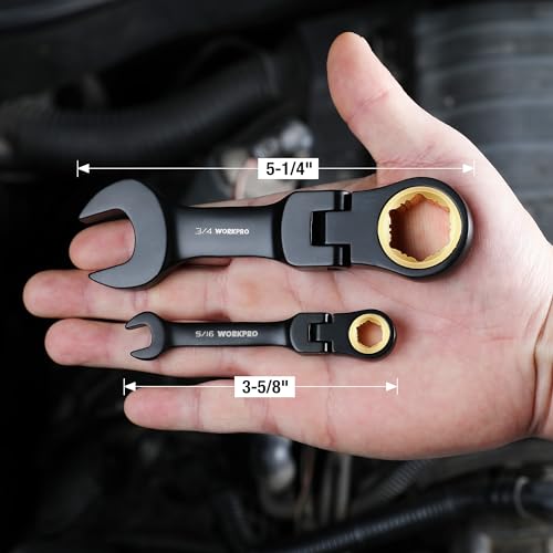 WORKPRO 8-Piece Stubby Flex-Head Ratcheting Wrench Set, SAE 5/16-3/4 in - size: SAE, style: Black electroplating coating