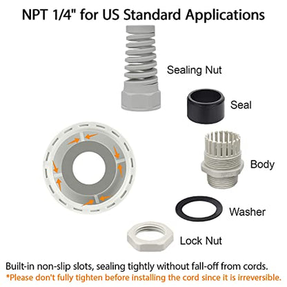 LeMotech 10Pcs NPT 1/4" IP68 Waterproof Cable Gland Flex Spiral Strain Relief Grey Nylon Joint with Gaskets for 4-8mm Wire Thread - color: Gray, size: NPT 1/4" (10-Pack)