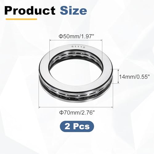 uxcell 2Pcs Thrust Ball Bearings, 50mm Bore 70mm OD 14mm Thick 51110 ABEC5 - size: 51110 50mm x 70mm x 14mm