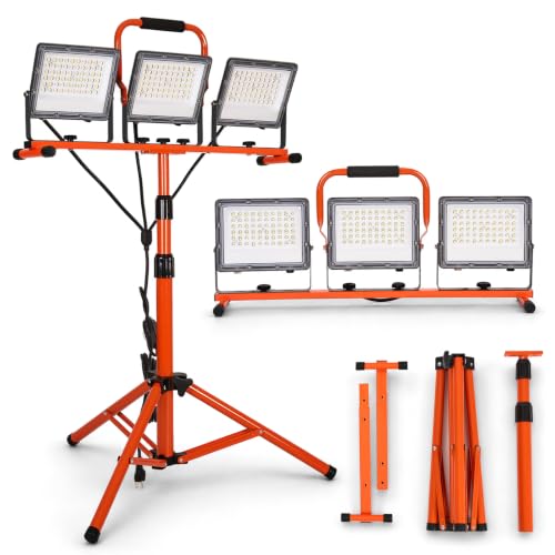 30000 Lumen LED Work Lights with Stand - 3 Adjustable Head Waterproof Foldable Tripod Light, 6500K Daylight (47-68" Height) & 18FT Cord - IP66 Rated for Construction Sites, Garage, Outdoor (Orange)
