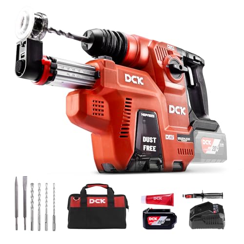 DCK 20V Cordless Rotary Hammer with Dust Collector, 15 in³ Dust Collection Box, 5-Inch Stroke, 2.8J Impact Energy, Brushless SDS Plus Hammer Drill with 6Ah Battery 4A Charger 4 Drill Bits 2 Chisels - style: Rotary Hammer with Dust Extractor