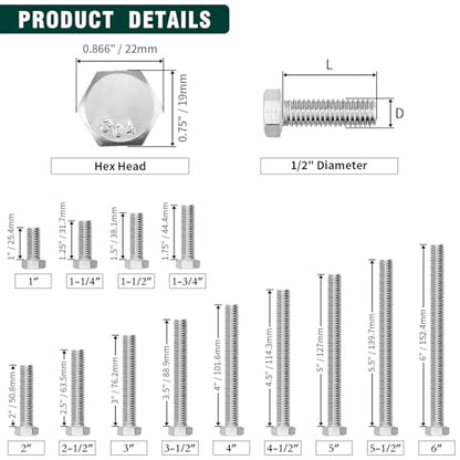 (5 Sets) 1/2-13 x 2 Hex Bolt and Nut Kit, 304 Stainless Steel (18-8), Fully Threaded, Flat & Lock Washers Included - size: 1/2-13 x 2"