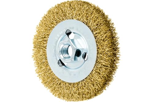 PFERD Crimped Wheel Brush - Brass Wire, 4" Diameter, 5/8-11 Thread, 0.012 Wire Size, 11/16" Trim Length, 1/2" Face Width, 12500 RPM - Ideal for Surface Preparation and Finishing - Part 82367 - size: 4" Diameter
