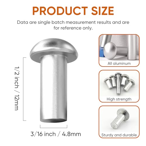 ALLCLEAN 3/16" Diameter X 1/2" Length Solid Aluminum Brazier Head Rivets,Aluminum Boat Rivets,Round/Dome Head Rivet,Pack of 150 - size: 3/16" x 1/2"