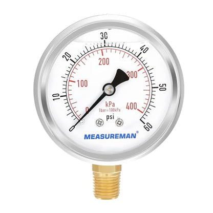 MEASUREMAN 2-1/2inch Dial Size, Liquid Filled Pressure Gauge, 0-60psi/kpa, 304 Stainless Steel Case, 1/4inNPT Lower Mount - size: 0-60 psi, style: Lower Mount
