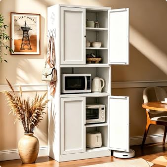 AQY Metal Pantry Cabinet, 72" White Kitchen Storage Cabinet with Doors - color: White, style: H72" - 4 Doors Wire Hole Hooks & Vents