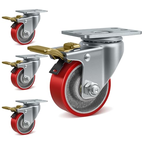 3" Industrial Heavy Duty Casters Set of 4, Polyurethane on Cast Iron Caster Wheels, 4 Total Lock Brake Casters, 1400 lbs Capacity, for Cart, Workbench, Toolbox, Equipment - style: 3" Wheel