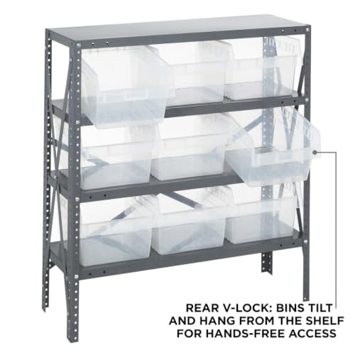 Quantum Storage 1239-SB809 Store-Max Steel Shelf Bin Organizer System, 9 8"H Hopper-Front Bins, 4-Shelf Unit, 400 lb Per Shelf, for Warehouse, Shop, Garage & Stockroom, 12"D x 36"W x 39"H, Clear - size: 39" H x 36" W x 12" D, style: 12" L x 12" W x 8" H 9