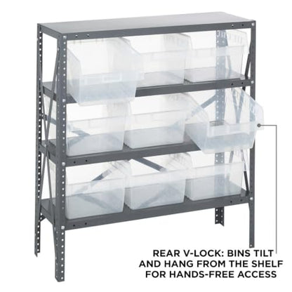 Quantum Storage 1239-SB809 Store-Max Steel Shelf Bin Organizer System, 9 8"H Hopper-Front Bins, 4-Shelf Unit, 400 lb Per Shelf, for Warehouse, Shop, Garage & Stockroom, 12"D x 36"W x 39"H, Clear - size: 39" H x 36" W x 12" D, style: 12" L x 12" W x 8" H 9