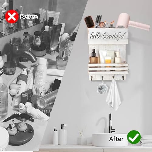 2Tier White Wooden Hair Dryer Holder Wall-Mounted Organizer - color: White