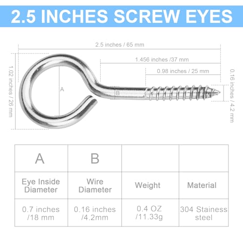 Aovchei 9pcs 304 Stainless Steel 2.5 Inches Eye Screws, Screw Hooks - color: 304, size: 2.5 Inch 9pcs