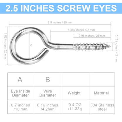 Aovchei 9pcs 304 Stainless Steel 2.5 Inches Eye Screws, Screw Hooks - color: 304, size: 2.5 Inch 9pcs