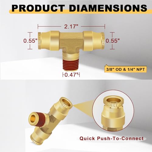 Siptenk 3/8" OD Tube x 1/4" NPT Thread Tee Brass Push to Connect Fittings - color: 3/8" OD & 1/4" NPT Tee