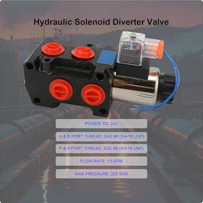 Hydraulic Solenoid Diverter Valve, 13GPM DC24V SAE Ports Hydraulic Solenoid Selector, MAX Pressure 200 Bar - style: 13GPM DC 24V