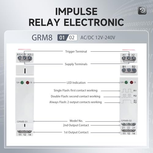GRM8-02 Electronic Latching Relay, 16amp Memory Relay Multi-Point Control Impulse Relays 2SPDT Wide Range Voltage AC/DC12V-240V Din Rail Mounted (GRM8-02,AC/DC12V~240V) - style: GRM8-02AC/DC12V~240V