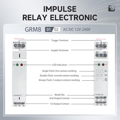 GRM8-02 Electronic Latching Relay, 16amp Memory Relay Multi-Point Control Impulse Relays 2SPDT Wide Range Voltage AC/DC12V-240V Din Rail Mounted (GRM8-02,AC/DC12V~240V) - style: GRM8-02AC/DC12V~240V