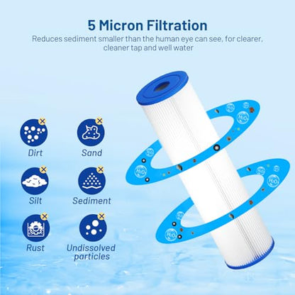 5 Micron 10" x 2.5" Pleated Sediment Well Water Filter Cartridge, 6 Pack - size: 5 Micron