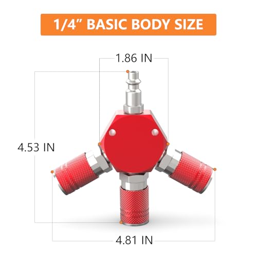 GASHER Red 3-Way 1/4 Inch NPT Aluminum Hex Style Air Manifold with 3 Pieces Steel Industrial Coupler and Plug, Air Compressor Hose Accessories Quick Connect Fittings Air Splitter - style: RED 1PCS