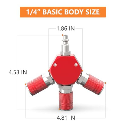 GASHER Red 3-Way 1/4 Inch NPT Aluminum Hex Style Air Manifold with 3 Pieces Steel Industrial Coupler and Plug, Air Compressor Hose Accessories Quick Connect Fittings Air Splitter - style: RED 1PCS