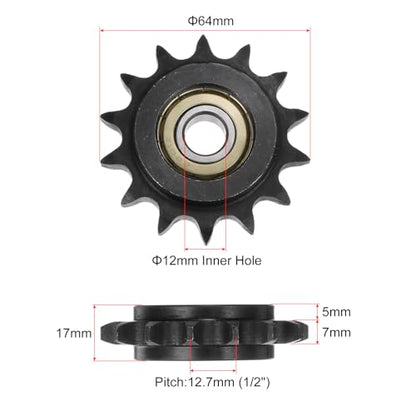 uxcell 2pcs ANSI #40 / DIN(ISO)08A Roller Chain Idler Sprocket 12mm Bore, 1/2" Pitch, Hardened 14 Tooth Tensioner Sprocket, Insert 2 Bearings (B Type)