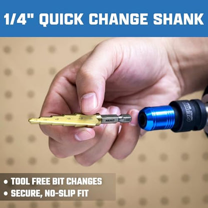 NEIKO 10616A Step Drill Bit, 2 Steps 3/8" to 1/2" Straight High Speed Steel, Titanium Nitride Coated, 1/4" Quick Change Step Bits for Steel, Metal, Wood, Plastic, Unibit Cone Drill Bits, Two Flute - size: #6 (3/8 - 1/2", 2S), style: Straight
