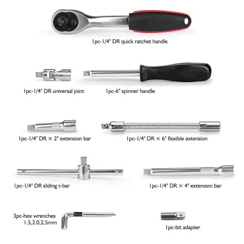 Egofine 46 Pieces 1/4 inch Drive Socket Ratchet Wrench Set Nickel Tool - color: Red, size: 1/4" 46 PCS with 72 Teeth Ratchet