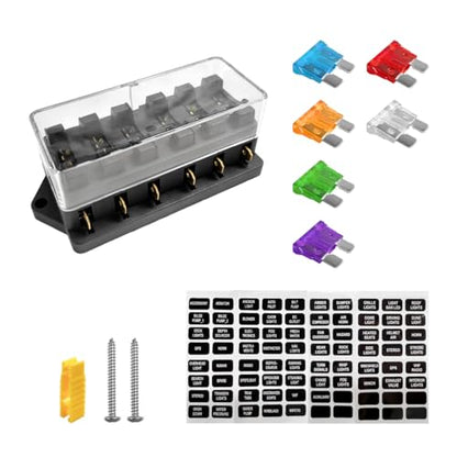 Yourkar 6 Way Blade Fuse Block Box Holder, 6 Circuit Fuse Box with Blade Fuses Screws Fuse Extractor Label, 10-32V DC Waterproof Marine Power Distribution Panel for Car Truck SUV - color: 6 Way