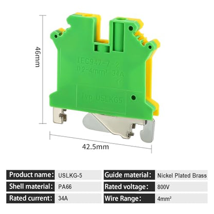 100PCS USLKG5 Wire Terminal Block DIN Rail Ground Circuit Application for 12-28 AWG 800V Electrical Cabinets Distribution Box,Solar Project,PLC Industrial Control Automation Panel DIY CNC RV - color: USLKG5 Ground