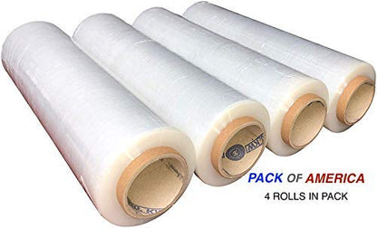Pack of America Stretch Film - 4 Roll Clear, 18” x 1100 Feet, 80 Gauge (20 Micron) Industrial Heavy Duty Plastic Shrink Wrap and Dispenser for Packing, Shipping, Pallet, Moving Supplies