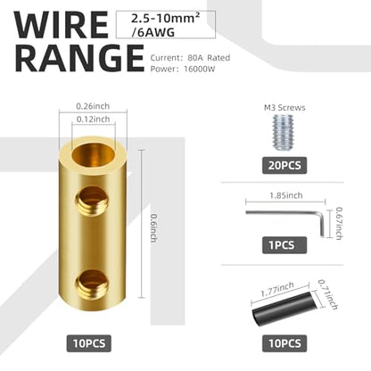10PCS 6-10AWG 6 8 10 Gauge Wire Butt Connector 2Nut Splice Kit Brass - color: 6AWG-80Amp-2Nuts, size: 10
