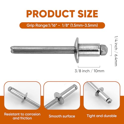 ALLCLEAN 50 Pcs 1/4" x 3/8" Stainless Steel Blind Pro Rivets,6.4 x 10mm Pop Rivets,Stainless Steel Grip and Stainless Steel Mandrel - color: Stainless Steel, size: 1/4" x 3/8"