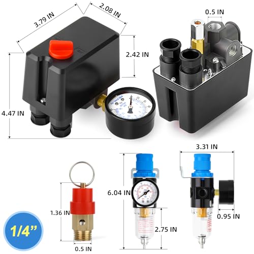 MEANLIN MEASURE Air Compressor Pressure Switch Control Valve 120-150 PSI 110V-240V 4-way Replacement Parts With AFR2000 Air Line Filter and Safety Pressure Relief Valve - style: Filter Model