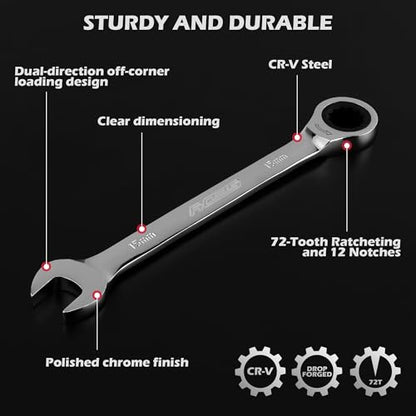 Premium 24-Piece Ratcheting Wrench Set, SAE & Metric Combination Wrenches, 8-19mm / 1/4"-7/8", 72-Tooth Ratchet Spanners, Chrome Vanadium Steel with Roll-Up Pouch for Mechanics - color: 24-pc Ratcheting (Chrome Finish)