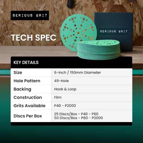 Serious Grit - 6-Inch 49-Hole P40 Grit Sanding Discs - 25 Pack Box - size: 40 Grit