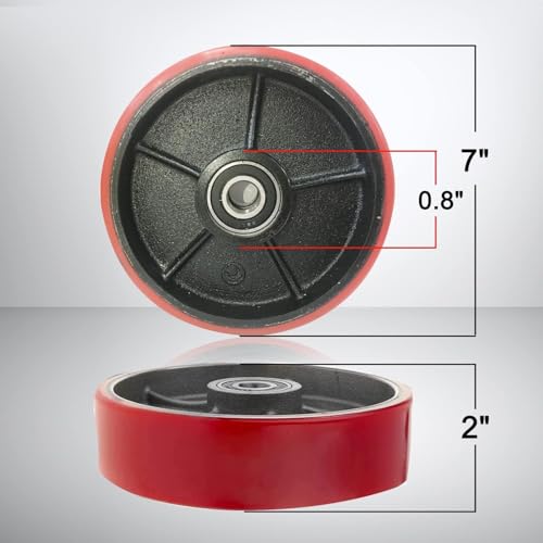 Pallet Jack/Truck Steering Wheels Set with Axle, Fasteners and Protective Caps (2 pcs) 7" x 2" with Bearings ID 20mm Poly Tread With Tools （Red） - size: 7" x 2" & tool