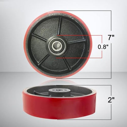 Pallet Jack/Truck Steering Wheels Set with Axle, Fasteners and Protective Caps (2 pcs) 7" x 2" with Bearings ID 20mm Poly Tread With Tools （Red） - size: 7" x 2" & tool