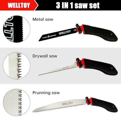 3-in-1 Multi Blades Hand Saw,18 TPI Bi-Metal blade,Drywall Saw with TPR Handle,Blade Quick-Change Mechanism for Cutting Drywall, Sheetrock, Wood, Metal, Plastic and Plywood. - size: 3 in 1