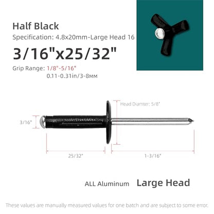 50Pcs Trifold Aluminum Exploding Blind Rivets, 3/16"x25/32" Large Head 5/8" - color: Half Black, size: 3/16"x25/32" Large Head 5/8"