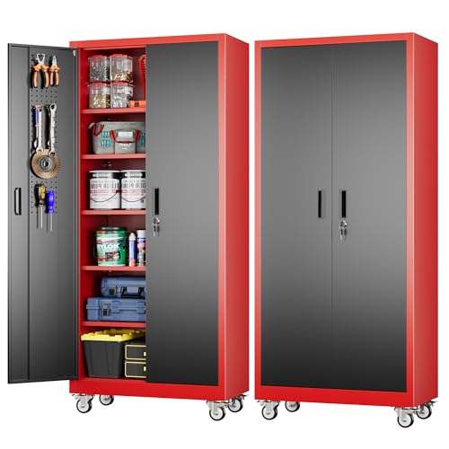 Aobabo Metal Garage Storage Cabinet with Wheels, 34" W x 18" D x 71" H,Red - color: Black Red, size: 18"D x 34"W x 71"H