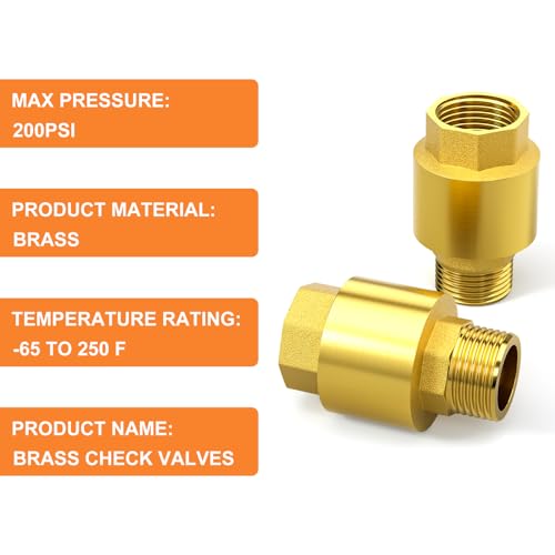 GASHER 2PCS Brass Check Valve DN25 1" Female and Male Thread, Backflow Prevention, One Way Check Valves