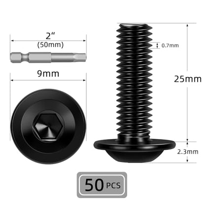M4-0.7 x 25mm 50 PCS Flanged Button Head Socket Cap Bolts Screws, Stainless Steel 304, Allen Socket Drive, Screwdriver Bit Included, Black Finish, Fully Machine Thread - color: Black, size: M4 x 25mm
