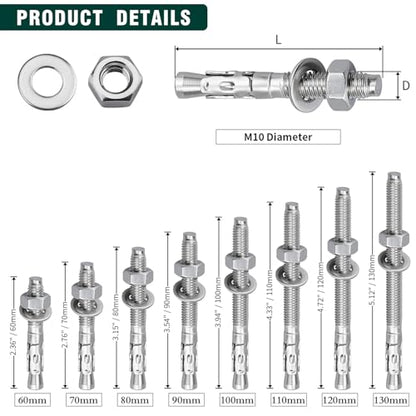 10-Pack M10-1.5 x 100 Wedge Anchors, Stainless Steel 304 (18/8), Concrete Anchor for Heavy-Duty Projects - size: M10-1.5 x 100