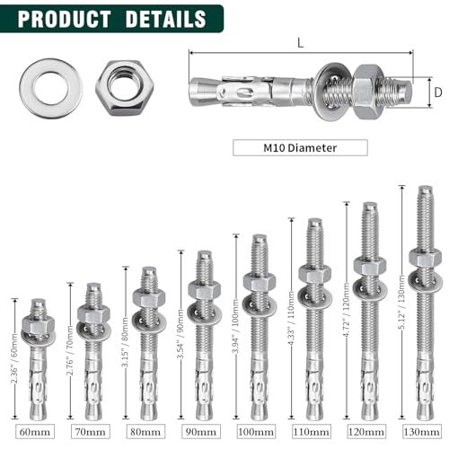 8-Pack M10-1.5 x 120 Wedge Anchors, Stainless Steel 304 (18/8), Concrete Anchor for Heavy-Duty Projects - size: M10-1.5 x 120