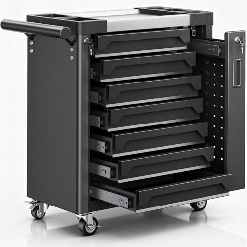 7-Drawer Rolling Tool Chest, Tool Box Lockable Metal Tool Cabinet with Side Storage Cabinet, Ball Bearing Slides Steel Organizer,Heavy-Duty Powder-Coated Tool Cart for Garage Workshope, Black
