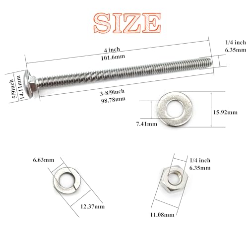 8 Sets 1/4"-20 x4 Carriage Bolts Round Head Square Neck Screws with Hex Nuts Flat Washers Spring Lock Washers 304 Stainless Steel Full Thread Coverage Square Neck Bolts Assortment Kit - size: 1/4"-20 x4"-8 Sets