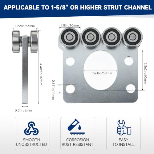 8 Wheel Trolley Assembly Rollers.Bearing Trolley Assembly.The top of the Trolley has Room for Set Screws, Allowing the use of a 1-5/8" high Strut Channel - style: D-8Wheel Trolley 1pcs
