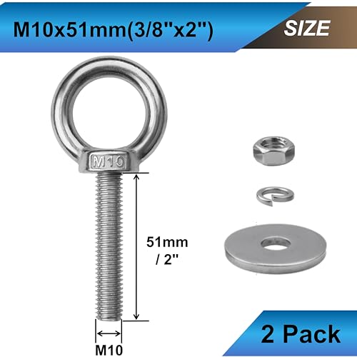 2 Sets M10 Eye Bolts with Nuts, Stainless Steel 3/8" x 2" EyeBolts - size: 3/8"x2"