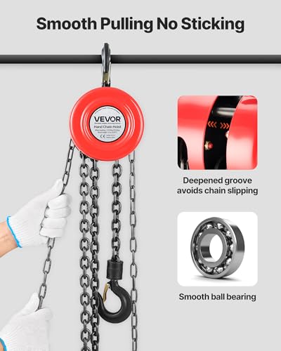 VEVOR Hand Chain Hoist, 1 Ton 2200 lbs Capacity, Manual Chain Block with Upgrade G70 Galvanized Chain, 20 ft Lifting Height, Heavy Duty Pulley Hoist for Garage Warehouse Automotive Machinery, Red