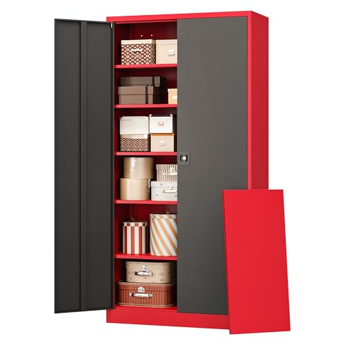 RAVIGIN Metal Garage Storage Cabinet with Lock, 72" Locking Tool Cabinet with 2 Doors and 5 Adjustable Shelves, Tall Steel Cabinet Garage for Home,Office,Warehouse，School (Red Black) - color: Black & Red, size: 72 IN