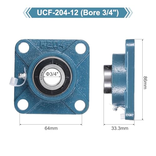 uxcell 2 Pcs UCF-204-12 Pillow Block Bearings 3/4 Inch Bore Self Alignment Chrome Steel Bearing Units, 4-Bolt Square Flange Mounted, Solid Base - size: UCF-204-12